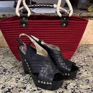 MICHAEL KORS Black Woven Slingback Wedge Sandals